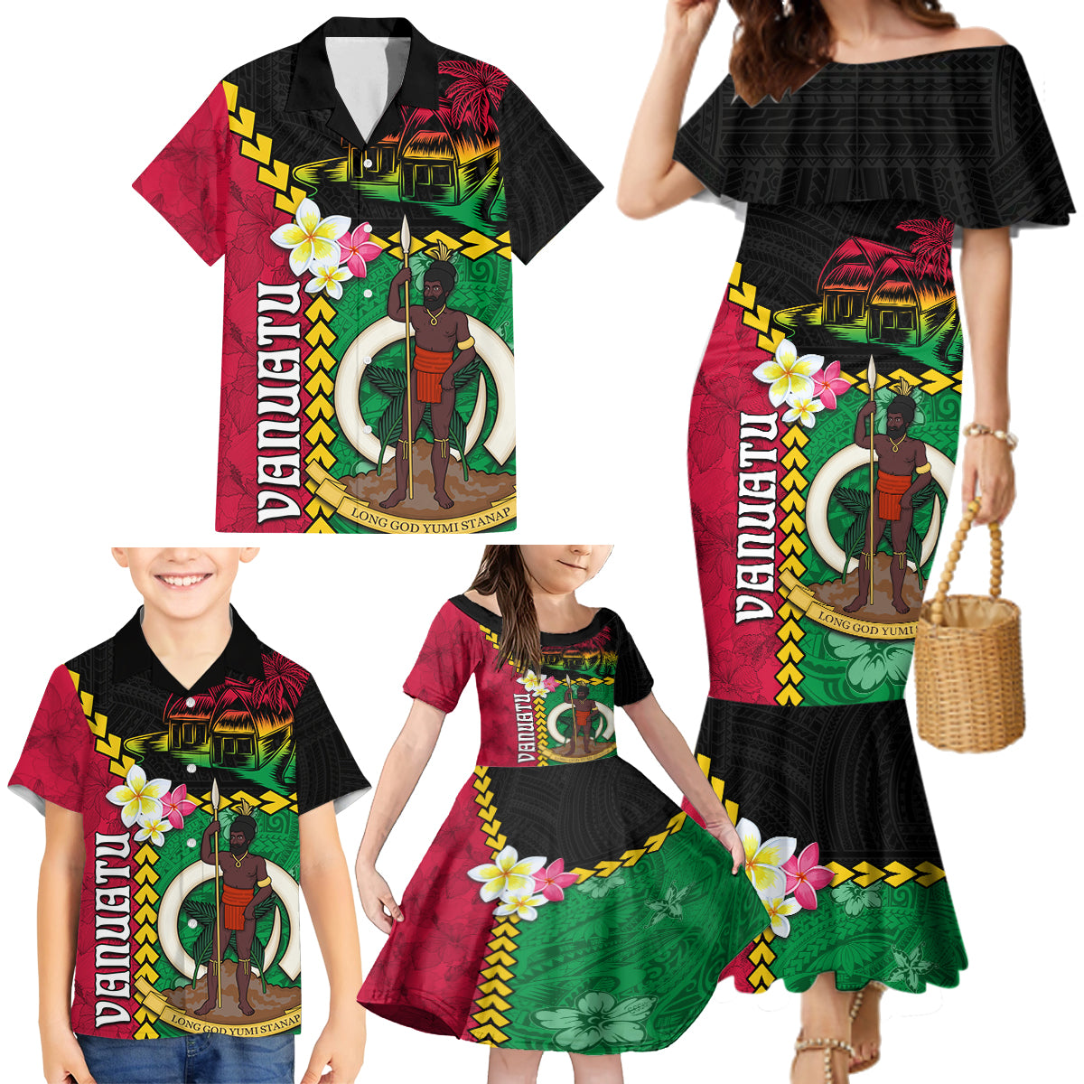 Vanuatu Nakamal and Plumeria Flowers Family Matching Mermaid Dress and Hawaiian Shirt Polynesian Pattern LT03 - Polynesian Pride