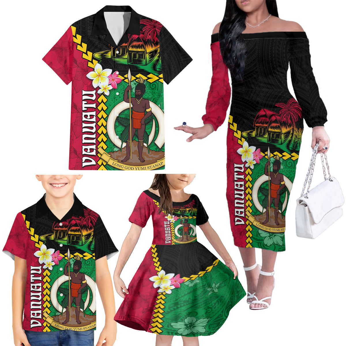 Vanuatu Nakamal and Plumeria Flowers Family Matching Off The Shoulder Long Sleeve Dress and Hawaiian Shirt Polynesian Pattern