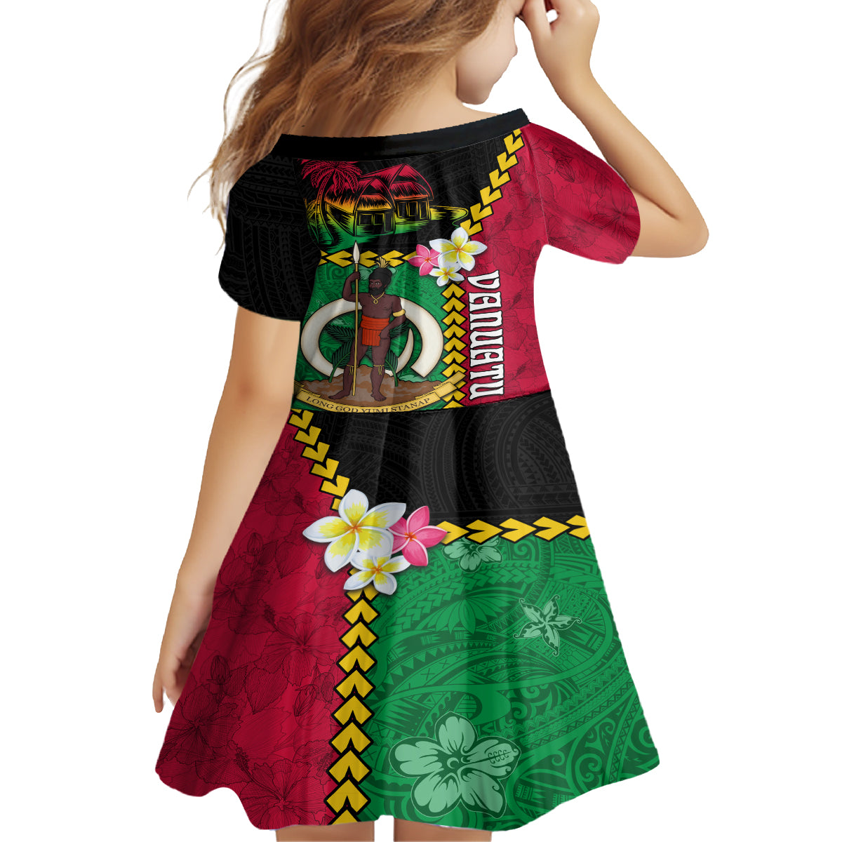 Vanuatu Nakamal and Plumeria Flowers Family Matching Off Shoulder Short Dress and Hawaiian Shirt Polynesian Pattern