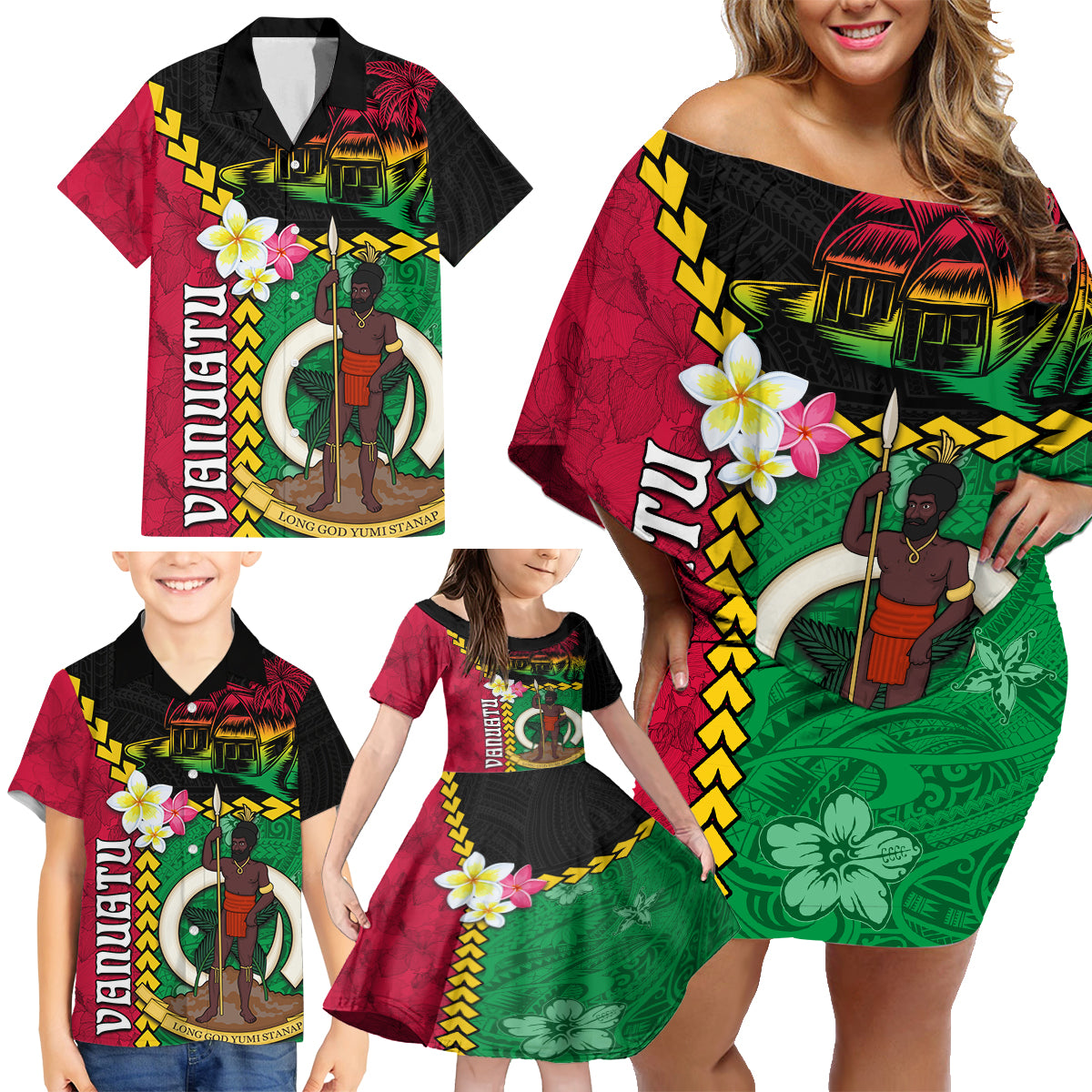 Vanuatu Nakamal and Plumeria Flowers Family Matching Off Shoulder Short Dress and Hawaiian Shirt Polynesian Pattern