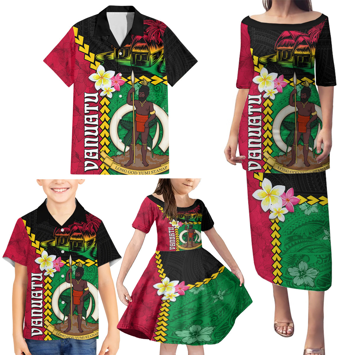 Vanuatu Nakamal and Plumeria Flowers Family Matching Puletasi and Hawaiian Shirt Polynesian Pattern LT03 - Polynesian Pride