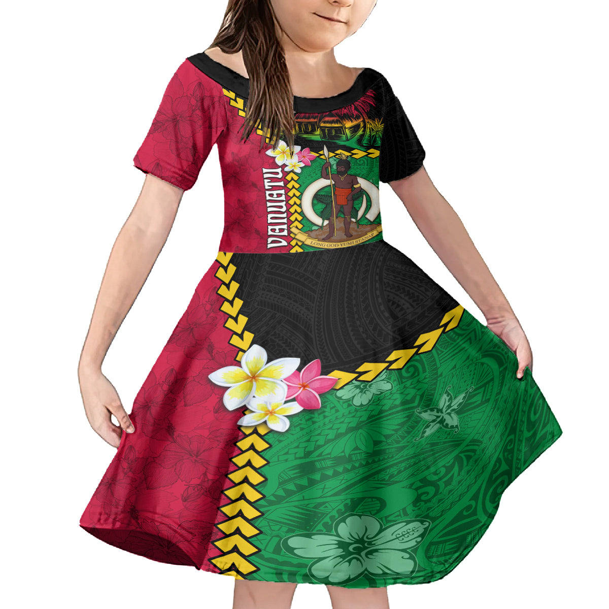 Vanuatu Nakamal and Plumeria Flowers Family Matching Tank Maxi Dress and Hawaiian Shirt Polynesian Pattern