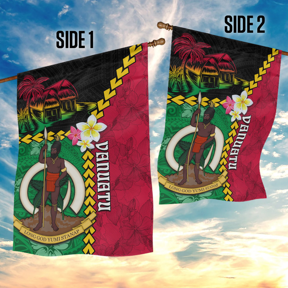 Vanuatu Nakamal and Plumeria Flowers Garden Flag Polynesian Pattern LT03 - Polynesian Pride