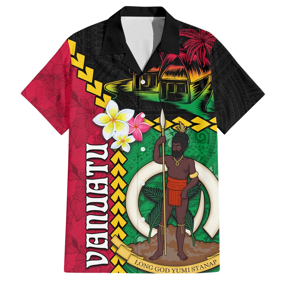 Vanuatu Nakamal and Plumeria Flowers Hawaiian Shirt Polynesian Pattern LT03 Black - Polynesian Pride