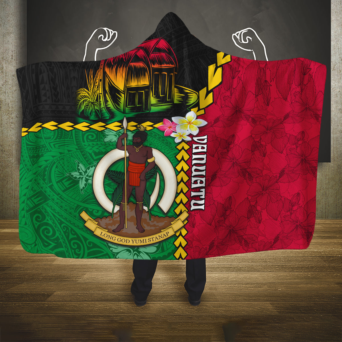 Vanuatu Nakamal and Plumeria Flowers Hooded Blanket Polynesian Pattern LT03 One Size Black - Polynesian Pride