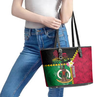 Vanuatu Nakamal and Plumeria Flowers Leather Tote Bag Polynesian Pattern