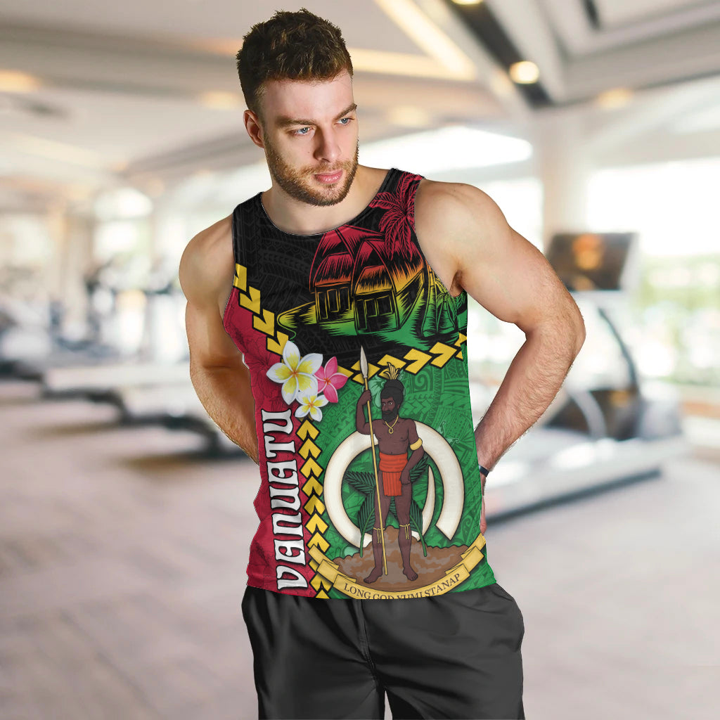 Vanuatu Nakamal and Plumeria Flowers Men Tank Top Polynesian Pattern LT03 Black - Polynesian Pride
