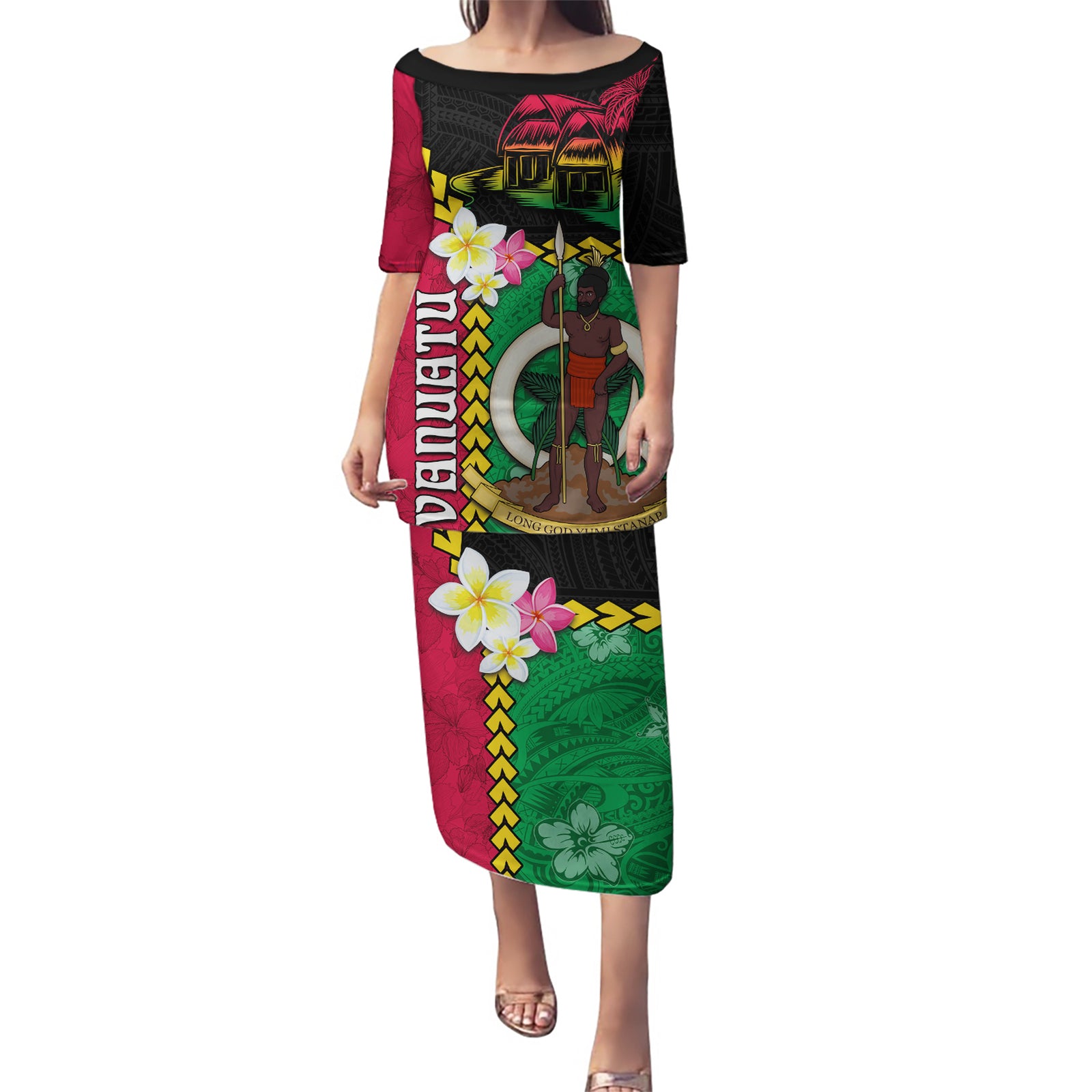 Vanuatu Nakamal and Plumeria Flowers Puletasi Polynesian Pattern LT03 Long Dress Black - Polynesian Pride