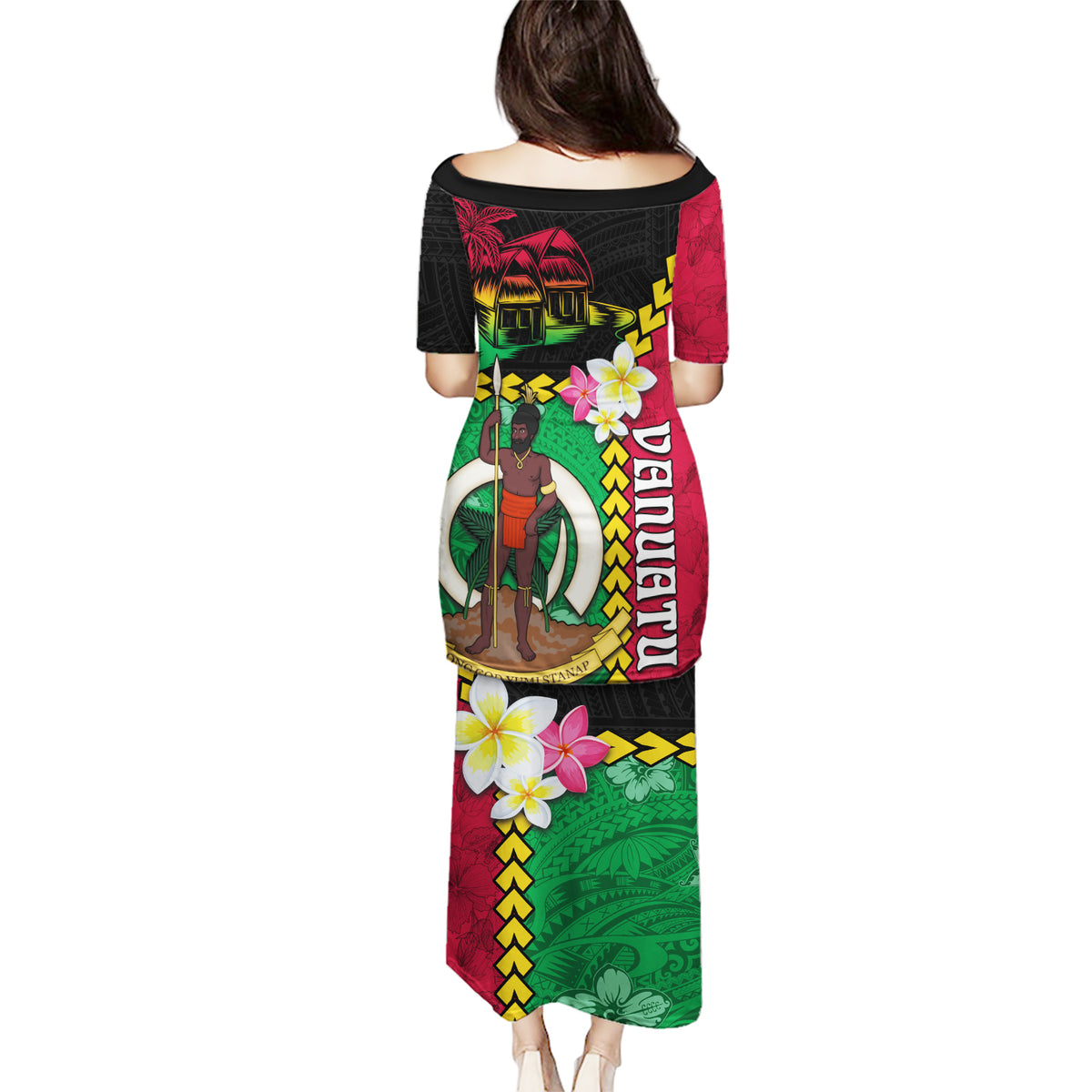 Vanuatu Nakamal and Plumeria Flowers Puletasi Polynesian Pattern LT03 - Polynesian Pride