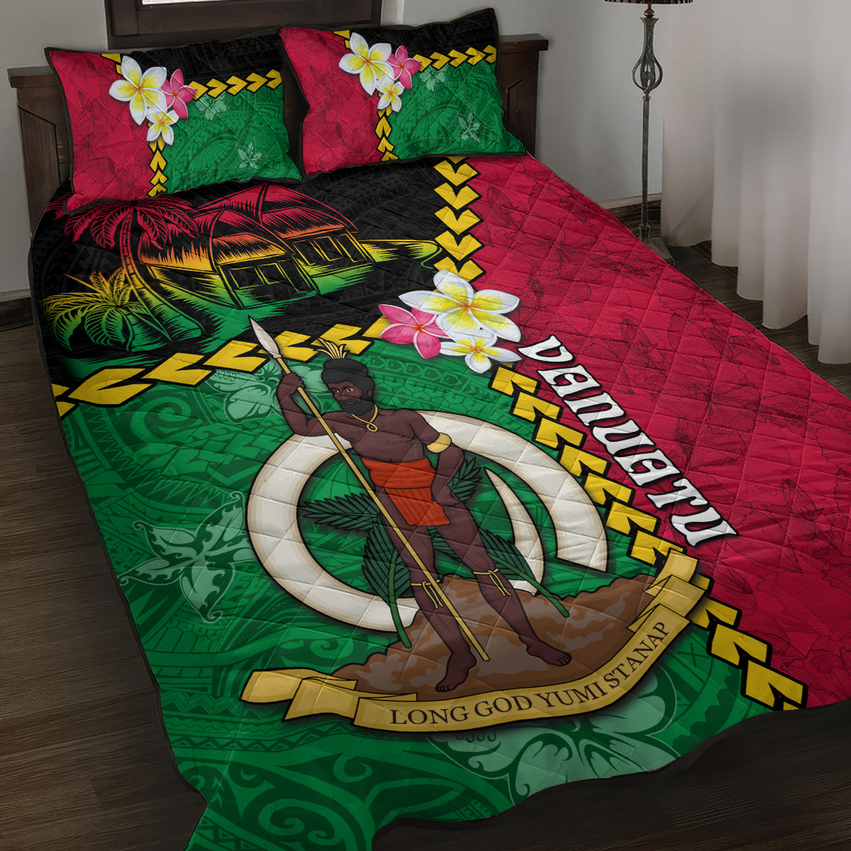 Vanuatu Nakamal and Plumeria Flowers Quilt Bed Set Polynesian Pattern