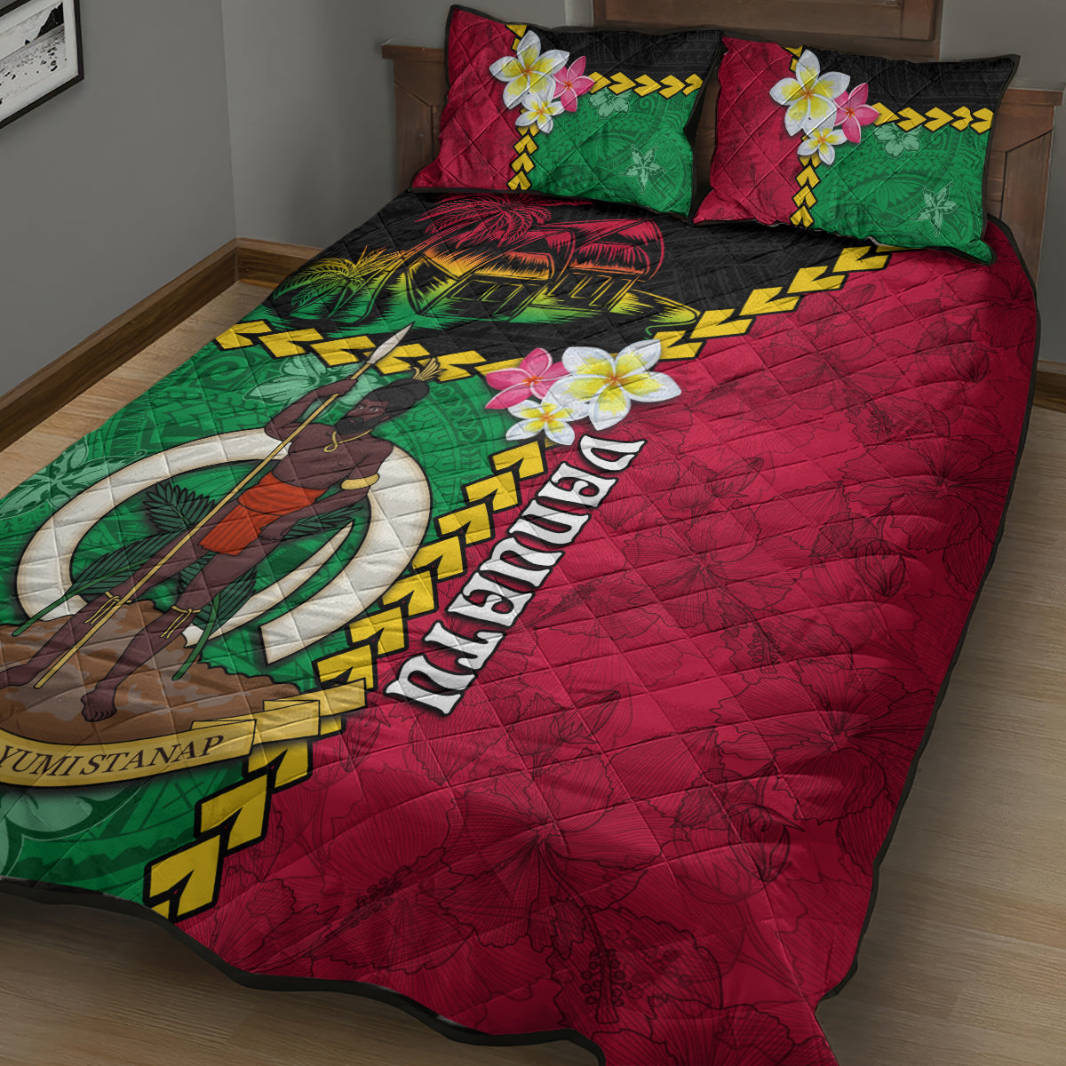 Vanuatu Nakamal and Plumeria Flowers Quilt Bed Set Polynesian Pattern LT03 - Polynesian Pride