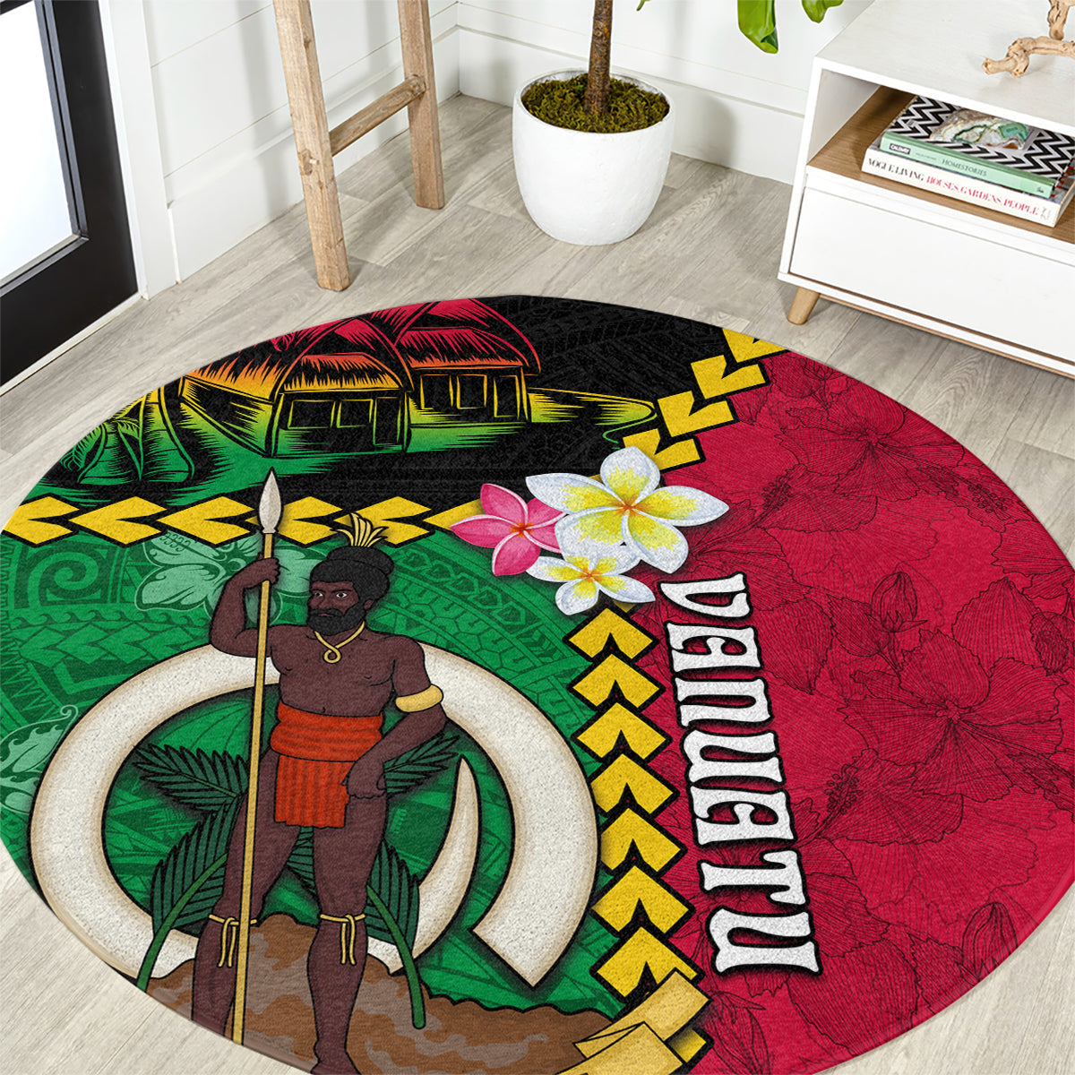 Vanuatu Nakamal and Plumeria Flowers Round Carpet Polynesian Pattern