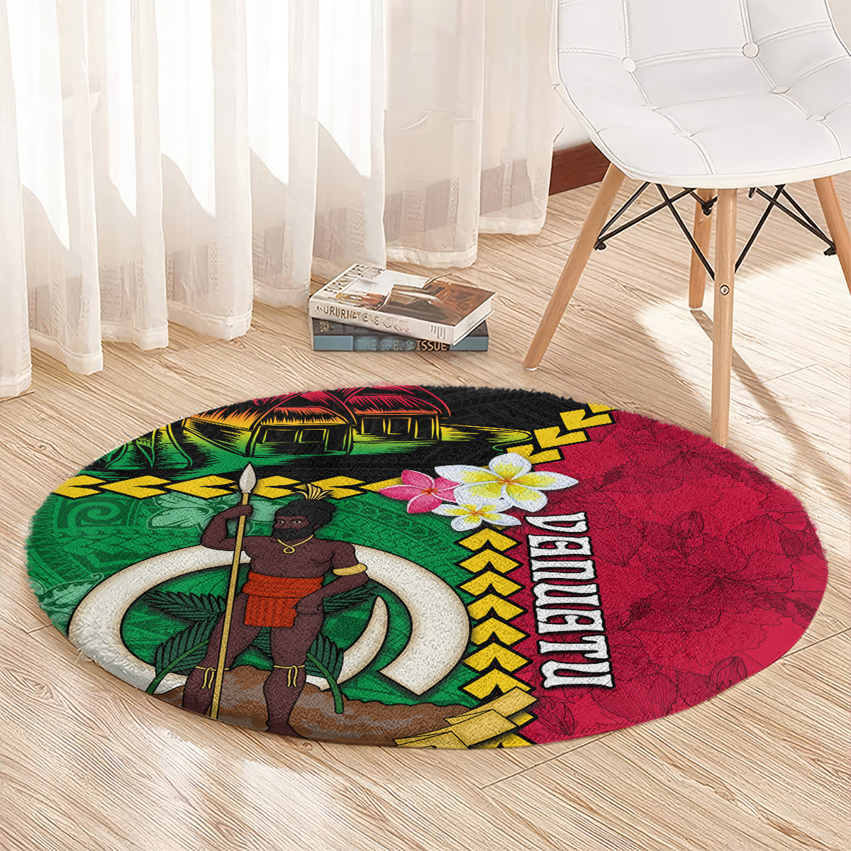 Vanuatu Nakamal and Plumeria Flowers Round Carpet Polynesian Pattern