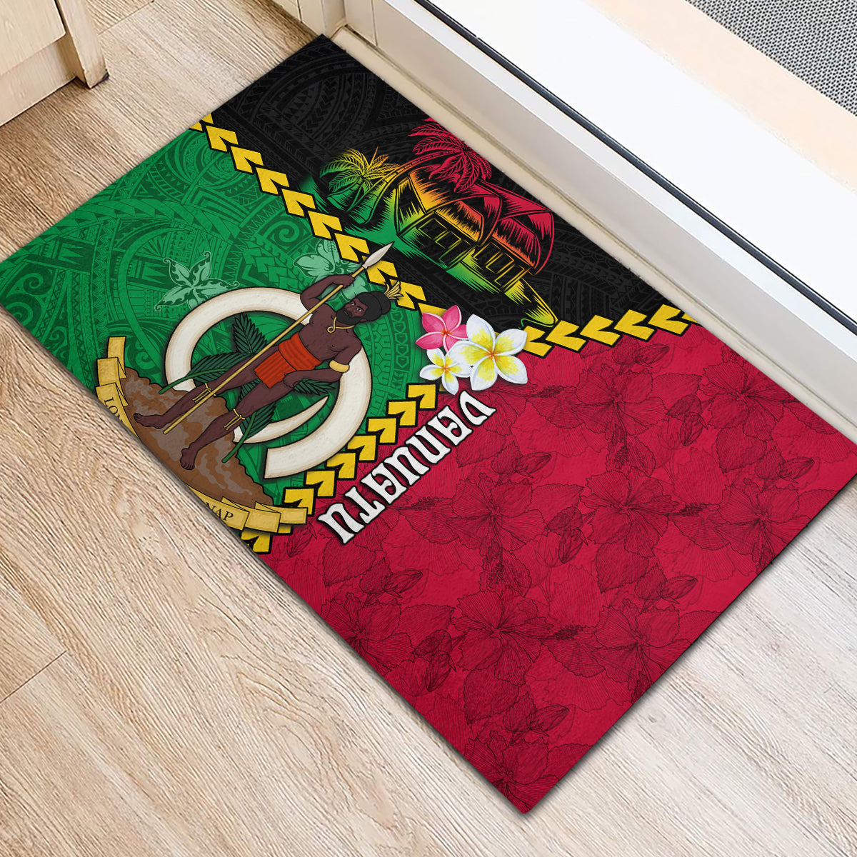 Vanuatu Nakamal and Plumeria Flowers Rubber Doormat Polynesian Pattern LT03 - Polynesian Pride