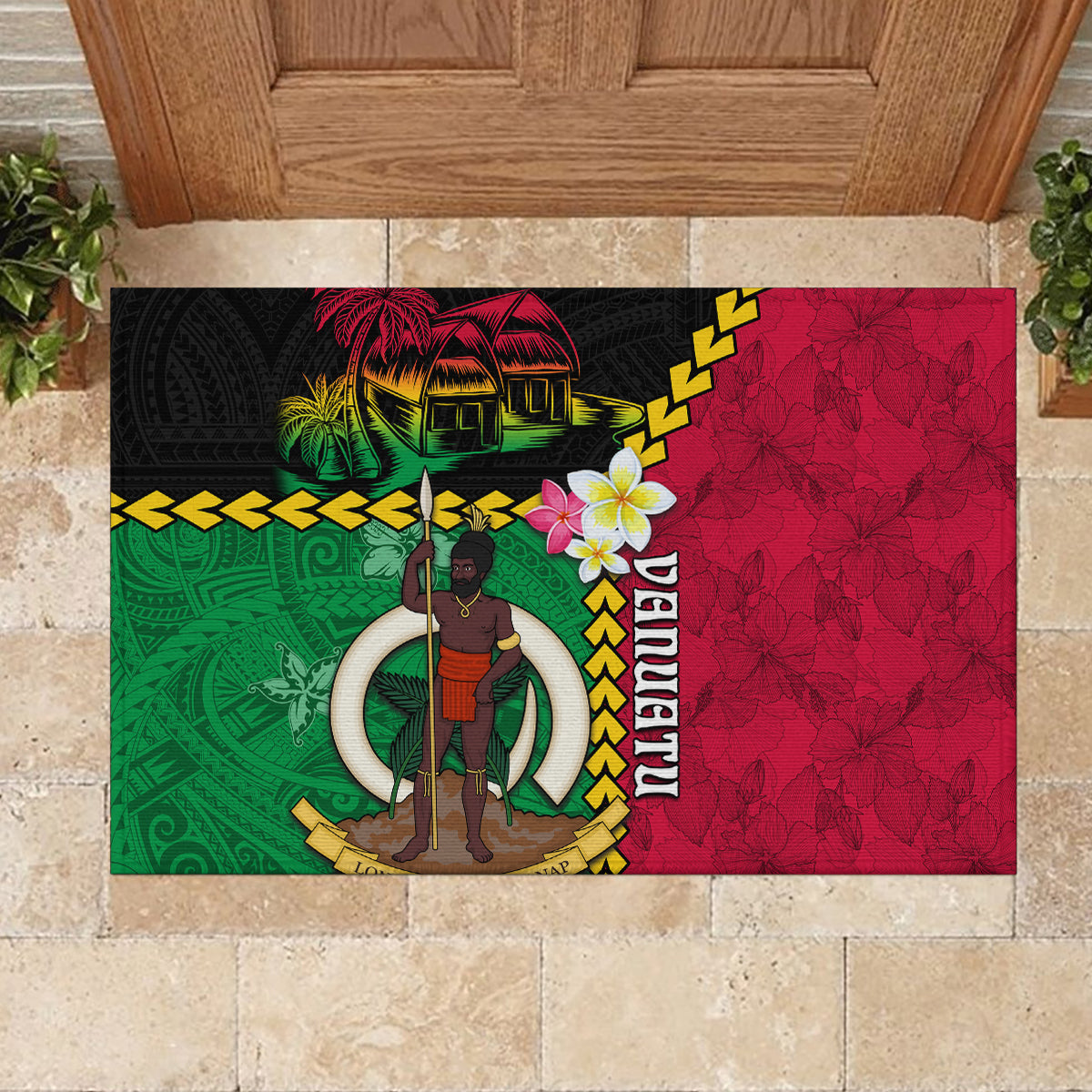Vanuatu Nakamal and Plumeria Flowers Rubber Doormat Polynesian Pattern LT03 - Polynesian Pride