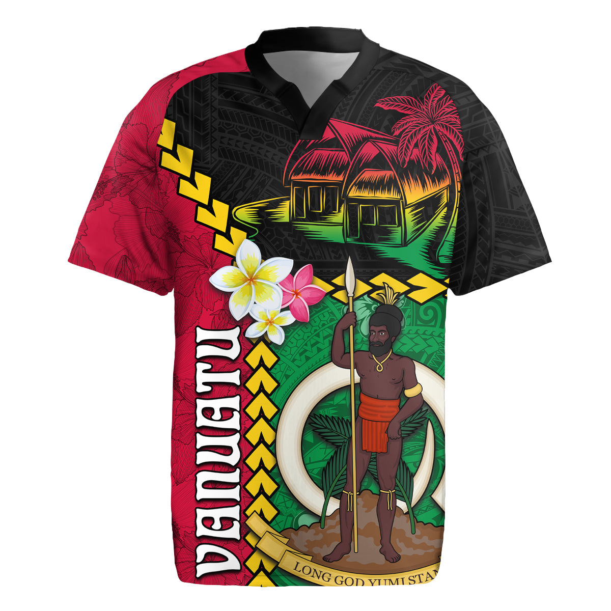 Vanuatu Nakamal and Plumeria Flowers Rugby Jersey Polynesian Pattern LT03 Black - Polynesian Pride