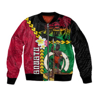 Vanuatu Nakamal and Plumeria Flowers Sleeve Zip Bomber Jacket Polynesian Pattern LT03 Unisex Black - Polynesian Pride