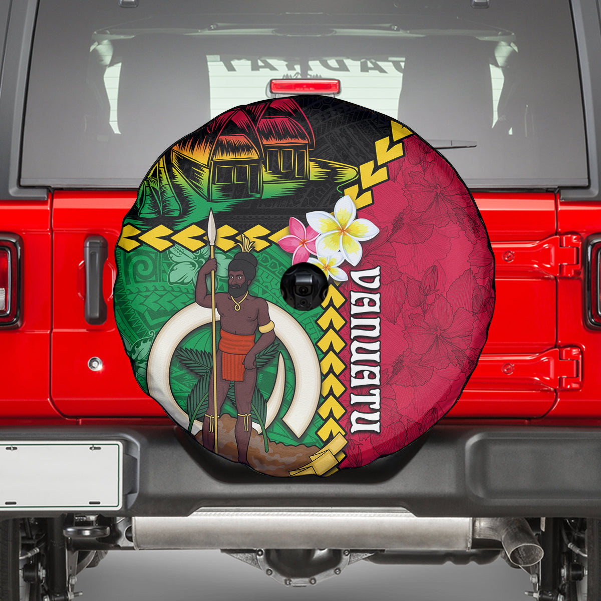 Vanuatu Nakamal and Plumeria Flowers Spare Tire Cover Polynesian Pattern LT03 - Polynesian Pride