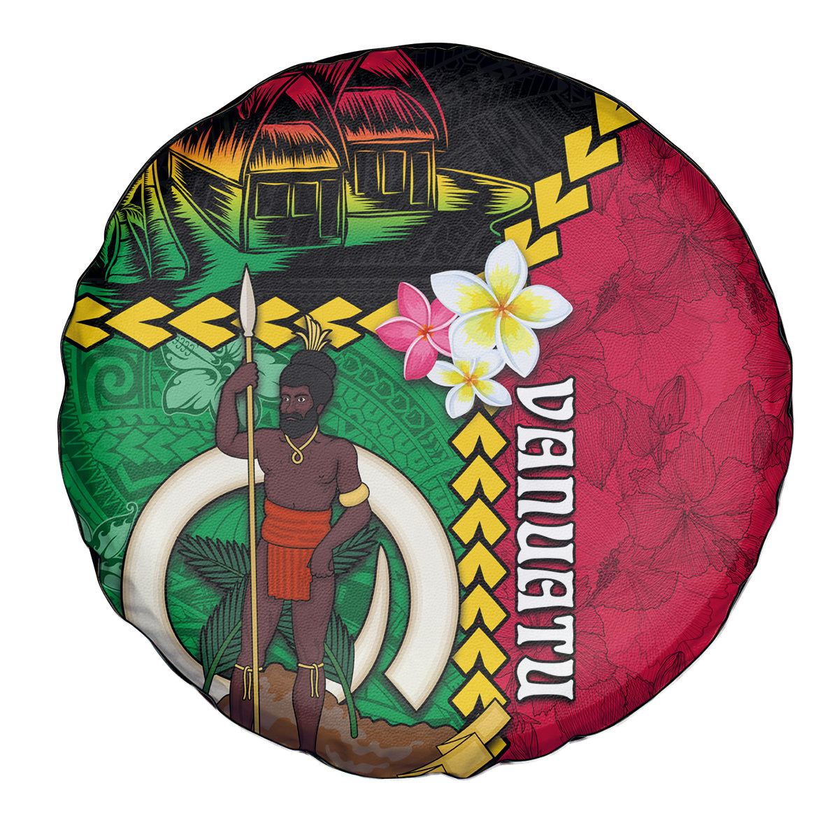 Vanuatu Nakamal and Plumeria Flowers Spare Tire Cover Polynesian Pattern LT03 - Polynesian Pride