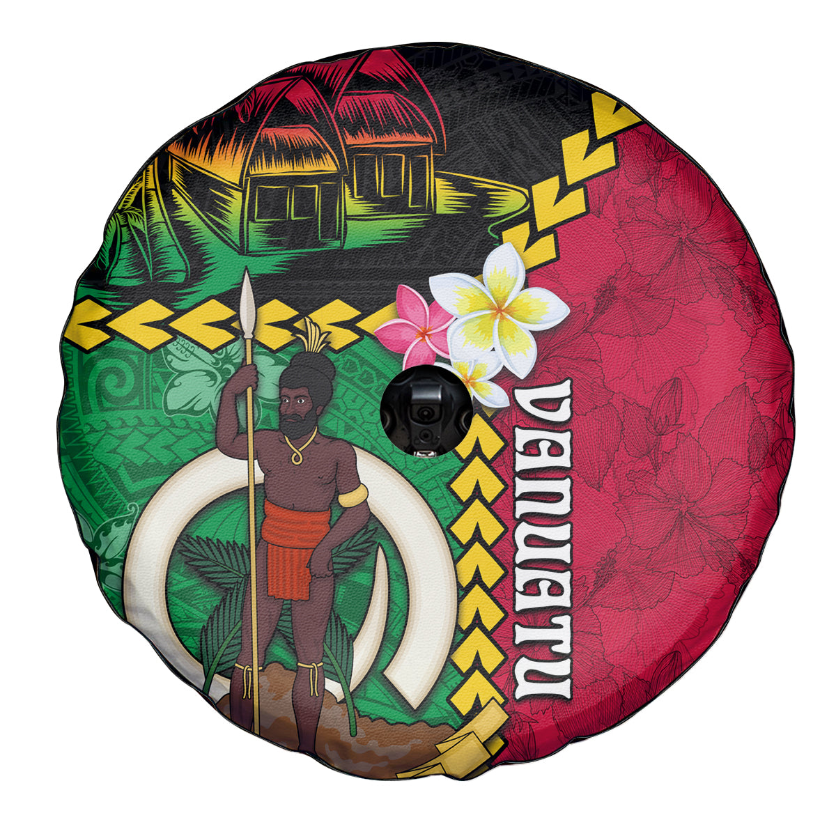 Vanuatu Nakamal and Plumeria Flowers Spare Tire Cover Polynesian Pattern LT03 - Polynesian Pride