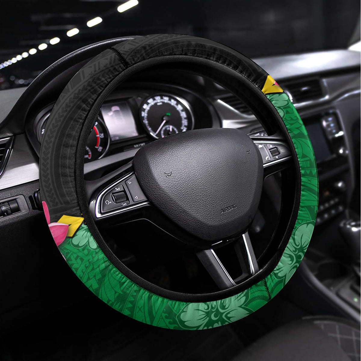 Vanuatu Nakamal and Plumeria Flowers Steering Wheel Cover Polynesian Pattern LT03 Universal Fit Black - Polynesian Pride