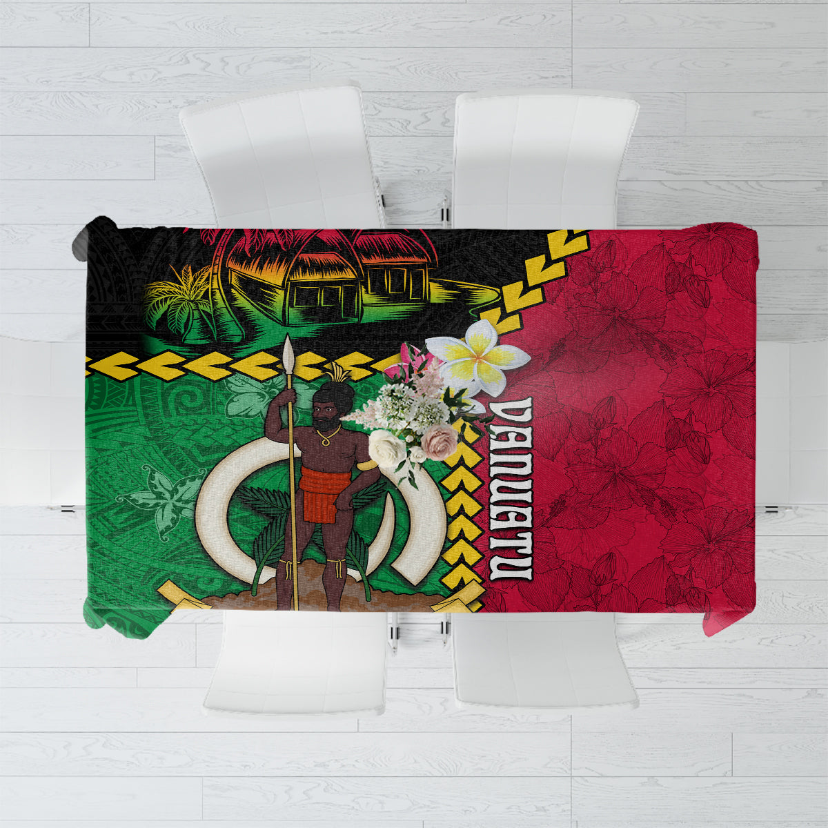 Vanuatu Nakamal and Plumeria Flowers Tablecloth Polynesian Pattern LT03 Black - Polynesian Pride