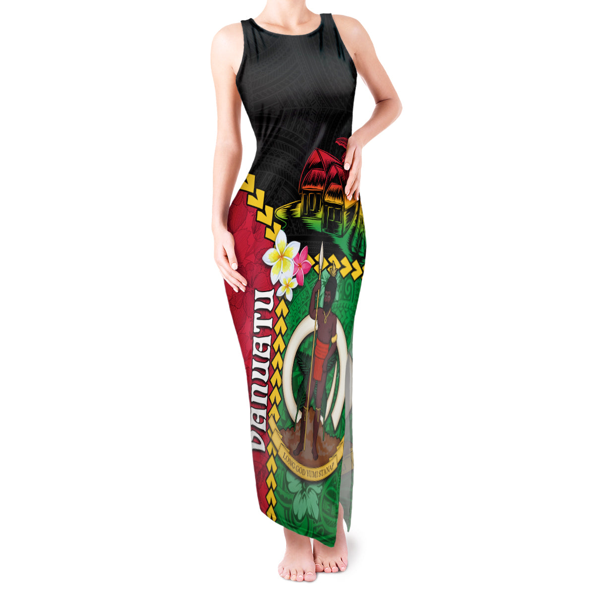 Vanuatu Nakamal and Plumeria Flowers Tank Maxi Dress Polynesian Pattern