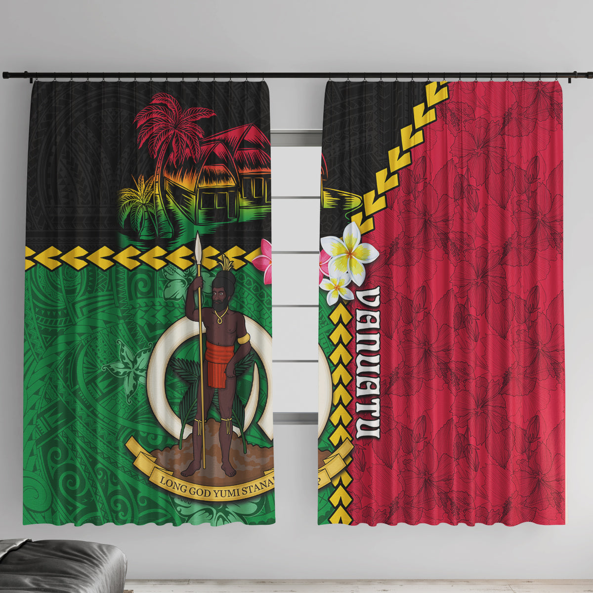 Vanuatu Nakamal and Plumeria Flowers Window Curtain Polynesian Pattern LT03 With Hooks Black - Polynesian Pride