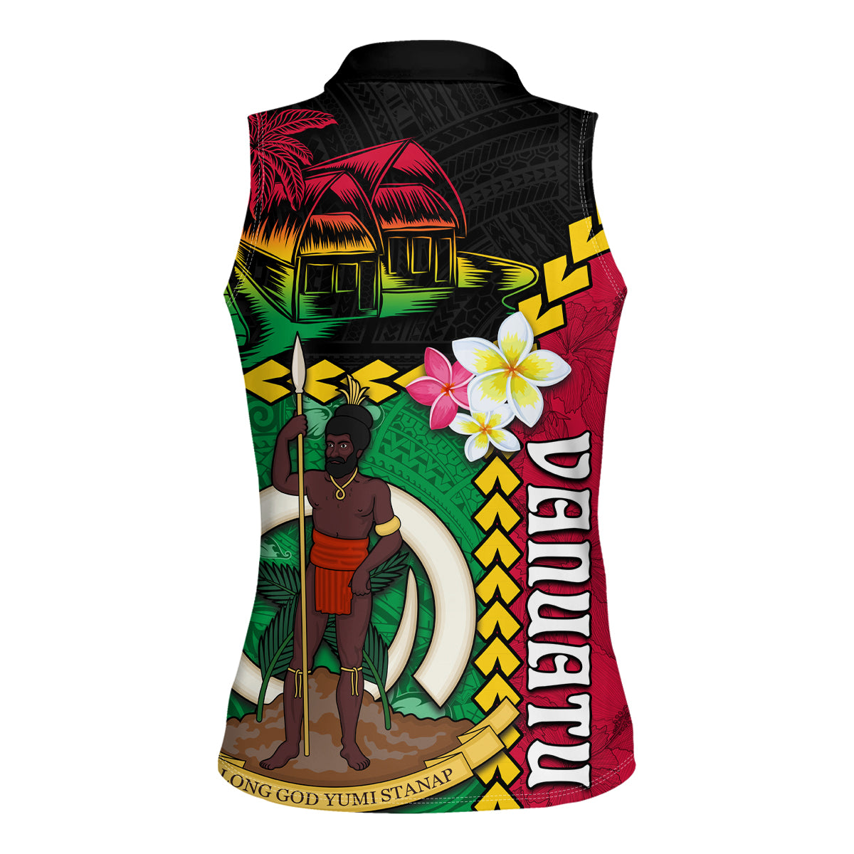 Vanuatu Nakamal and Plumeria Flowers Women Sleeveless Polo Shirt Polynesian Pattern