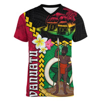Vanuatu Nakamal and Plumeria Flowers Women V-Neck T-Shirt Polynesian Pattern
