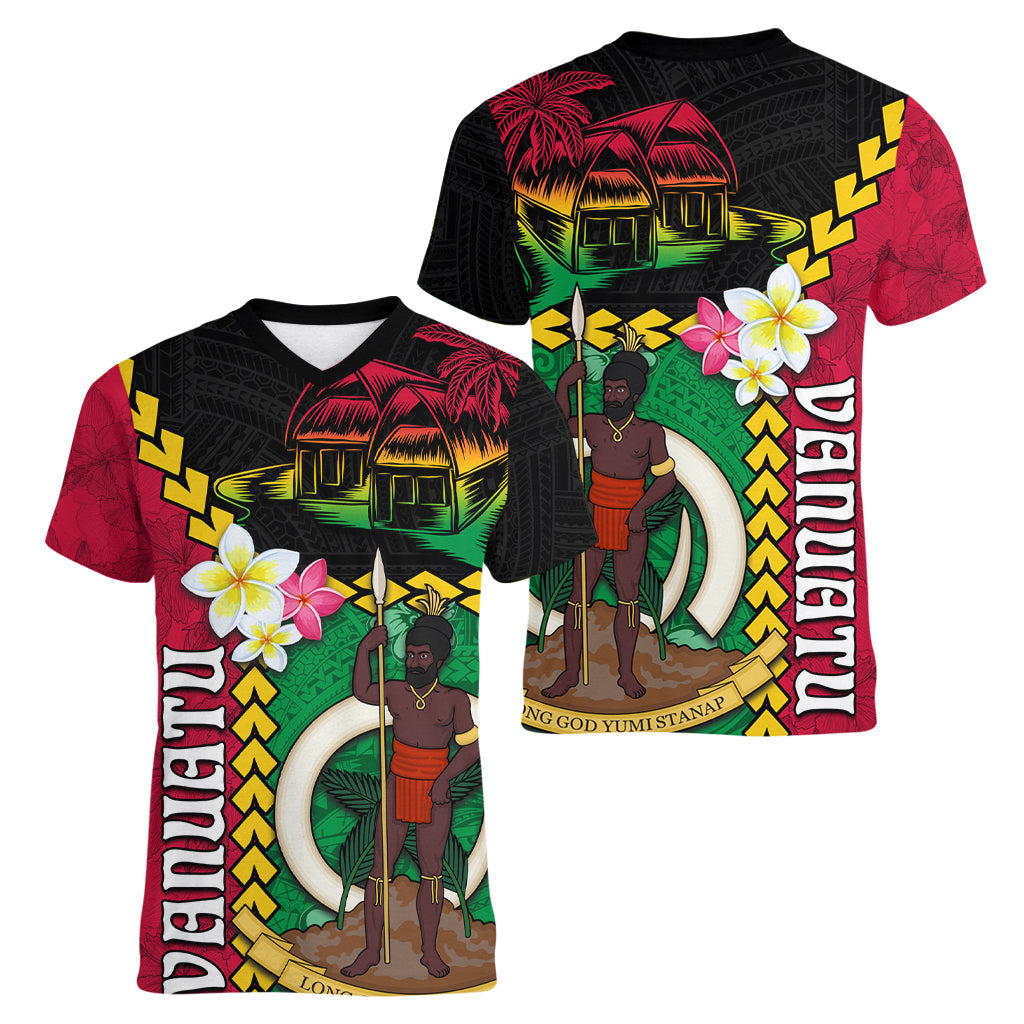 Vanuatu Nakamal and Plumeria Flowers Women V-Neck T-Shirt Polynesian Pattern