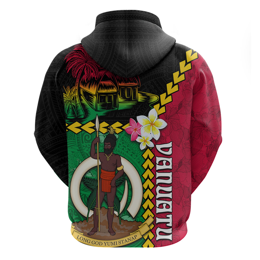 Vanuatu Nakamal and Plumeria Flowers Zip Hoodie Polynesian Pattern