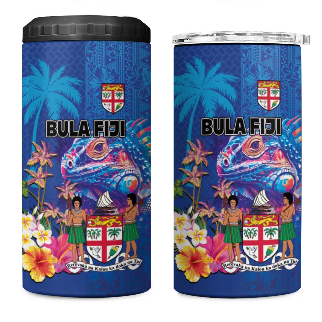 Fiji Bula 4 in 1 Can Cooler Tumbler Tropical Plants with Palm Tree and Iguana Colorful