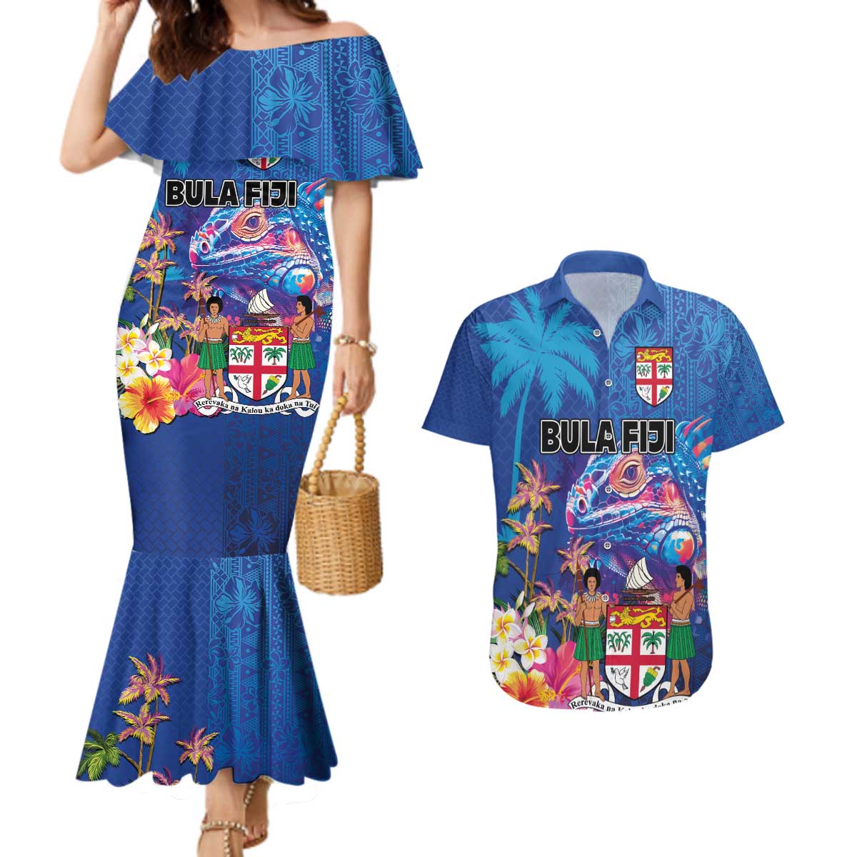 Fiji Bula Couples Matching Mermaid Dress and Hawaiian Shirt Tropical Plants with Palm Tree and Iguana Colorful