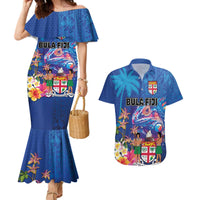 Fiji Bula Couples Matching Mermaid Dress and Hawaiian Shirt Tropical Plants with Palm Tree and Iguana Colorful