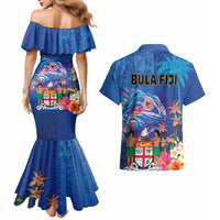 Fiji Bula Couples Matching Mermaid Dress and Hawaiian Shirt Tropical Plants with Palm Tree and Iguana Colorful