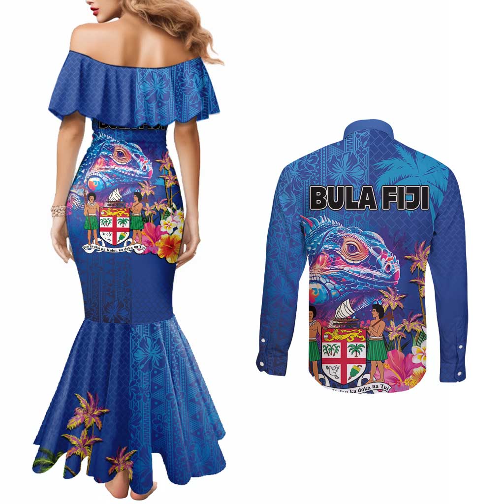 Fiji Bula Couples Matching Mermaid Dress and Long Sleeve Button Shirt Tropical Plants with Palm Tree and Iguana Colorful