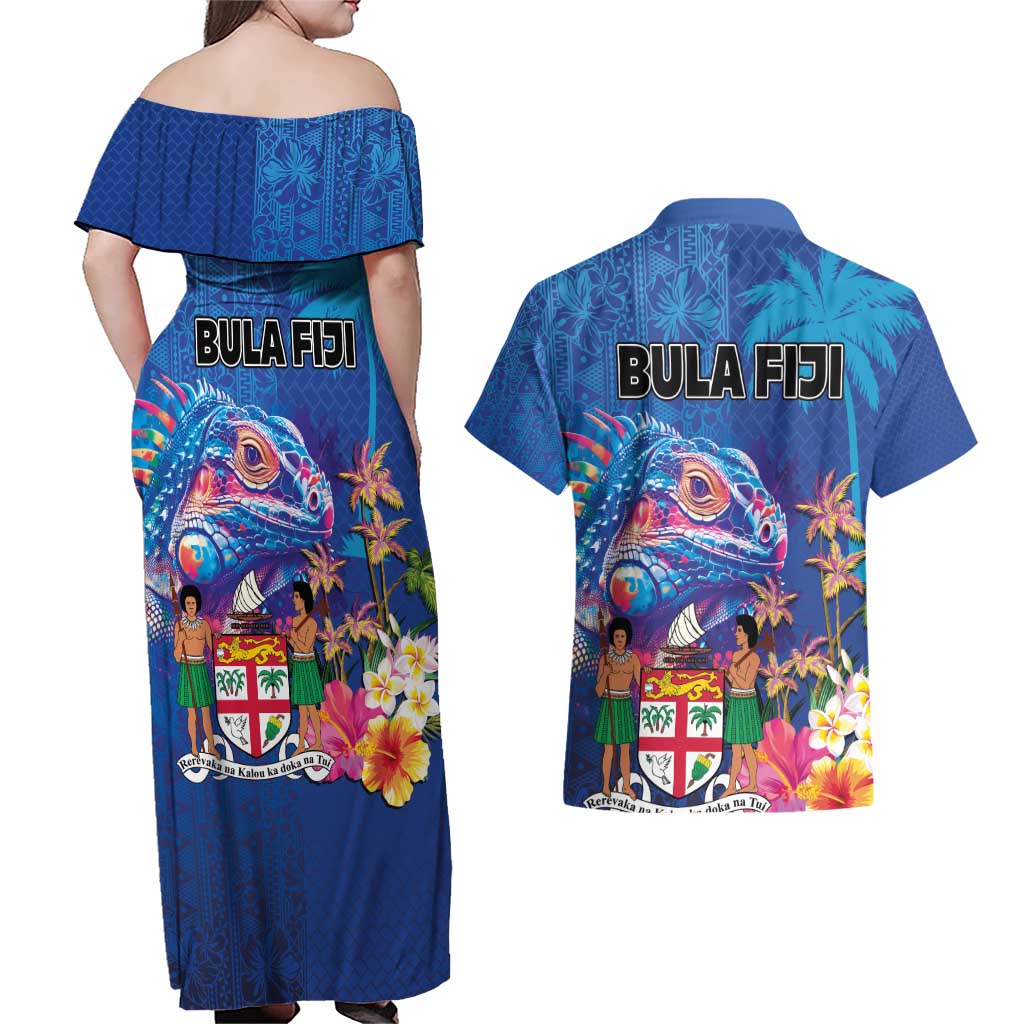 Fiji Bula Couples Matching Off Shoulder Maxi Dress and Hawaiian Shirt Tropical Plants with Palm Tree and Iguana Colorful