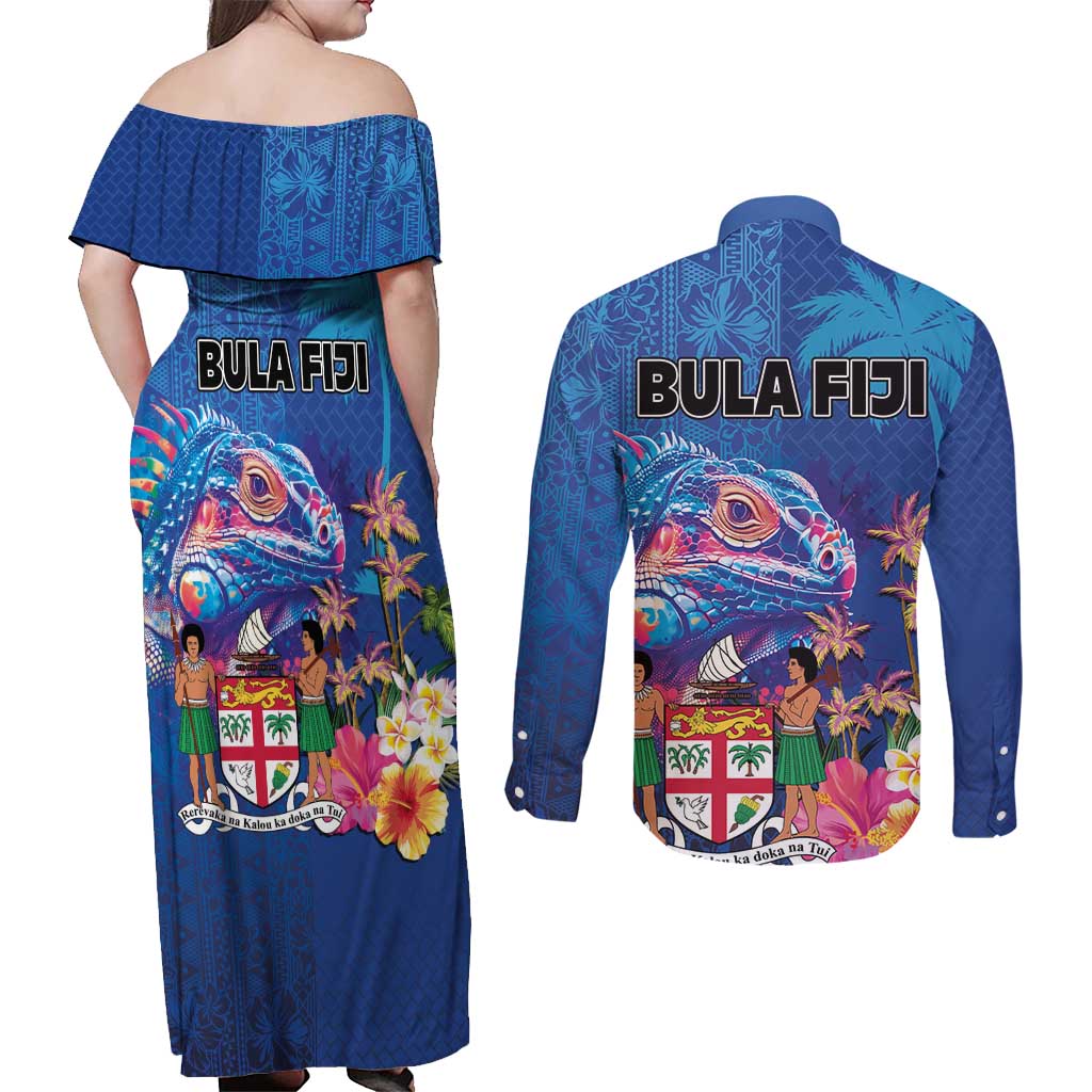 Fiji Bula Couples Matching Off Shoulder Maxi Dress and Long Sleeve Button Shirt Tropical Plants with Palm Tree and Iguana Colorful