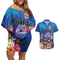 Fiji Bula Couples Matching Off Shoulder Short Dress and Hawaiian Shirt Tropical Plants with Palm Tree and Iguana Colorful