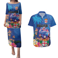 Fiji Bula Couples Matching Puletasi and Hawaiian Shirt Tropical Plants with Palm Tree and Iguana Colorful