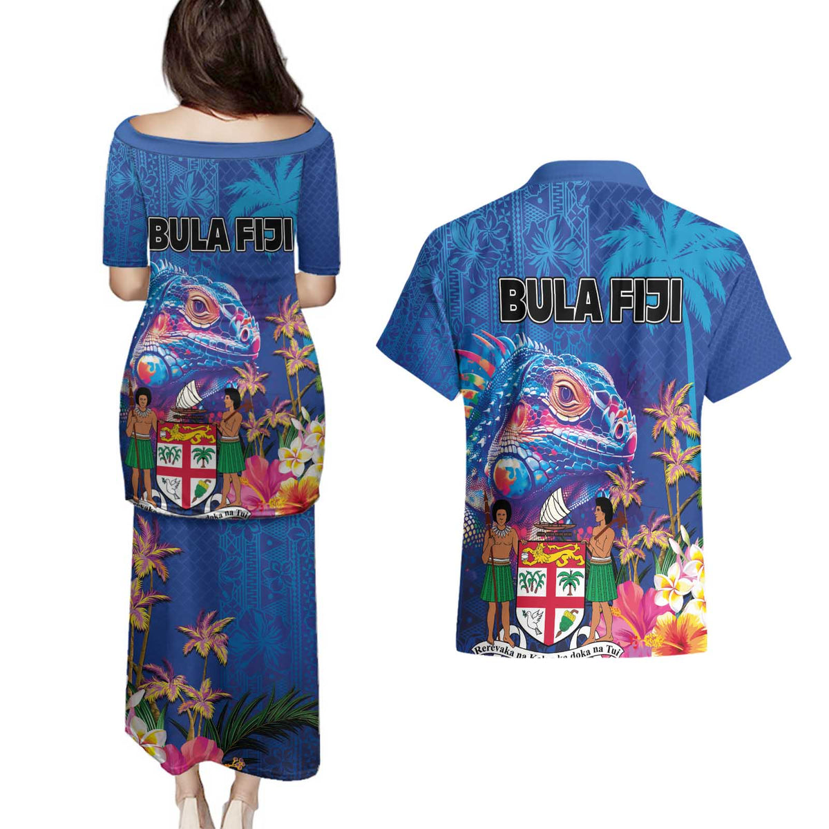 Fiji Bula Couples Matching Puletasi and Hawaiian Shirt Tropical Plants with Palm Tree and Iguana Colorful
