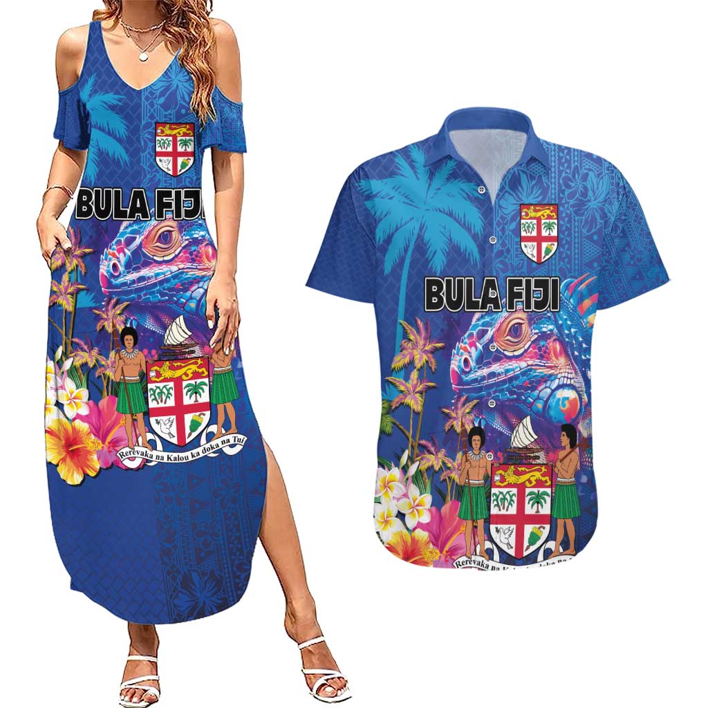 Fiji Bula Couples Matching Summer Maxi Dress and Hawaiian Shirt Tropical Plants with Palm Tree and Iguana Colorful
