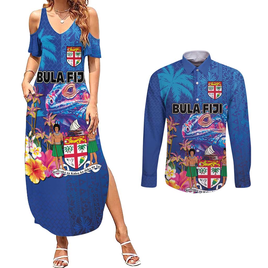 Fiji Bula Couples Matching Summer Maxi Dress and Long Sleeve Button Shirt Tropical Plants with Palm Tree and Iguana Colorful