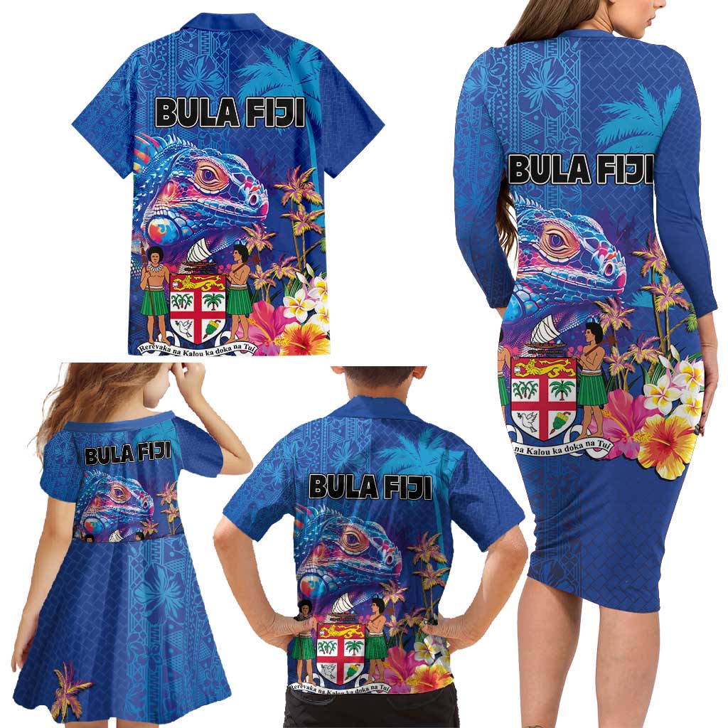 Fiji Bula Family Matching Long Sleeve Bodycon Dress and Hawaiian Shirt Tropical Plants with Palm Tree and Iguana Colorful