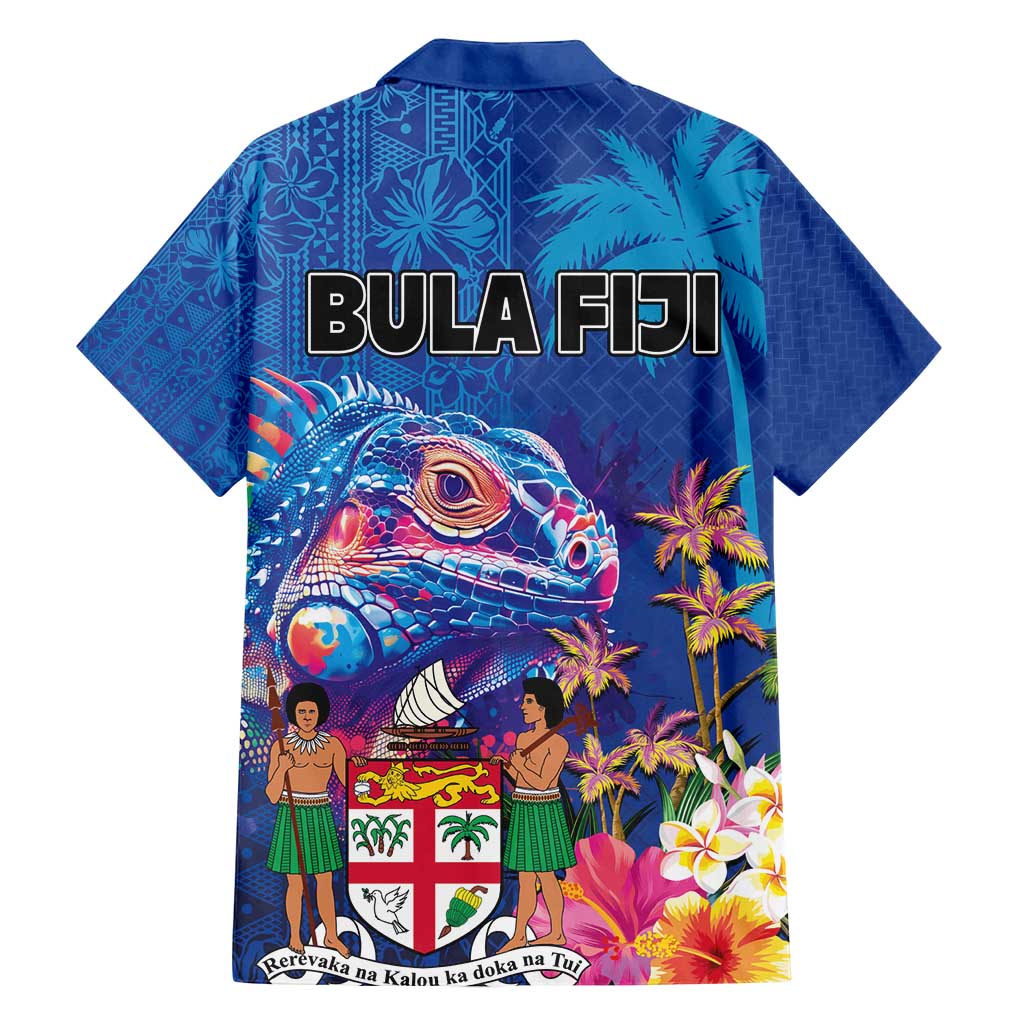 Fiji Bula Family Matching Long Sleeve Bodycon Dress and Hawaiian Shirt Tropical Plants with Palm Tree and Iguana Colorful