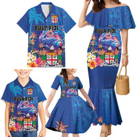 Fiji Bula Family Matching Mermaid Dress and Hawaiian Shirt Tropical Plants with Palm Tree and Iguana Colorful