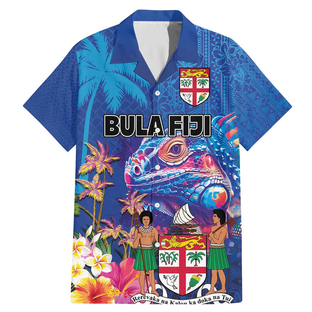 Fiji Bula Family Matching Mermaid Dress and Hawaiian Shirt Tropical Plants with Palm Tree and Iguana Colorful