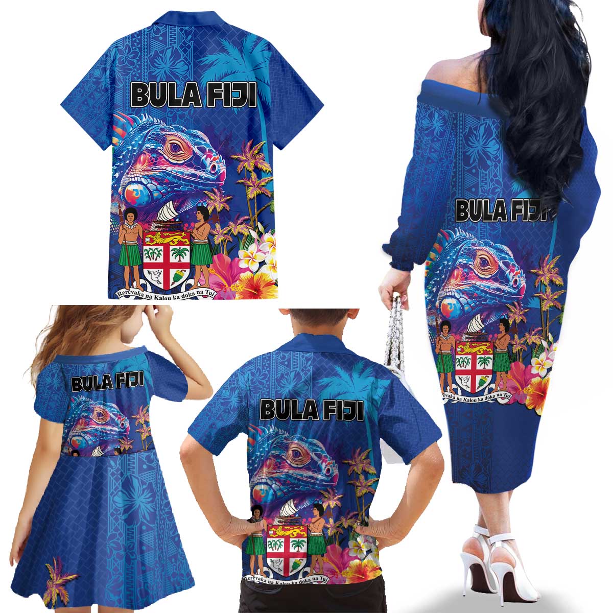 Fiji Bula Family Matching Off The Shoulder Long Sleeve Dress and Hawaiian Shirt Tropical Plants with Palm Tree and Iguana Colorful