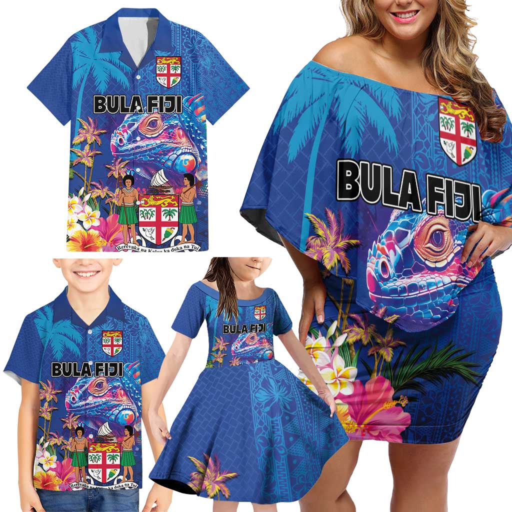 Fiji Bula Family Matching Off Shoulder Short Dress and Hawaiian Shirt Tropical Plants with Palm Tree and Iguana Colorful